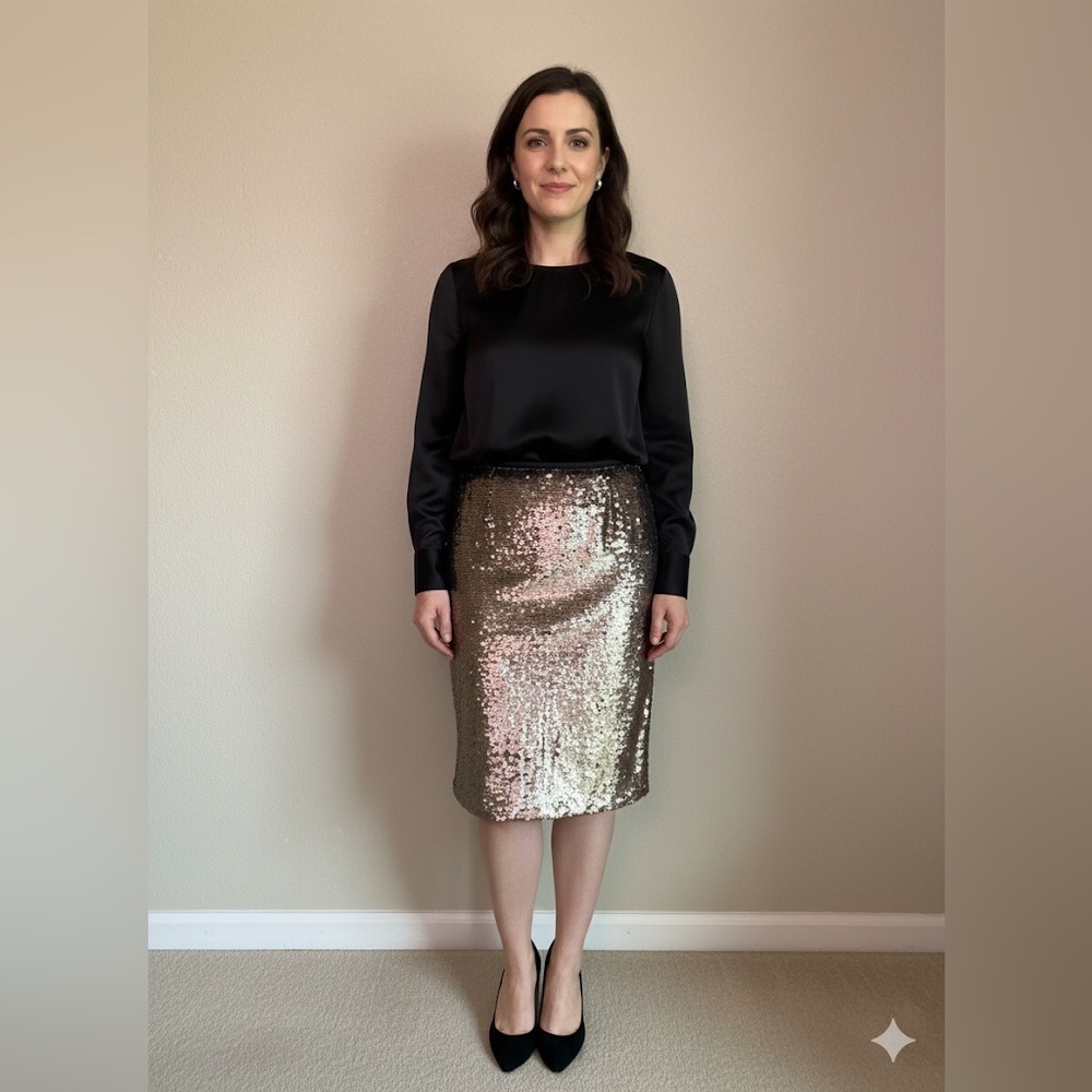 NWT English Factory Rose Gold Bronze Sequin Knee Length Straight Pencil Skirt L
